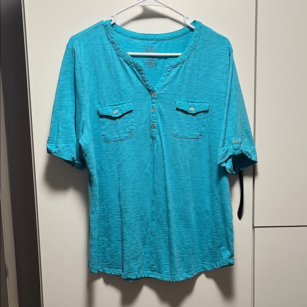 croft & barrow Teal Short-Sleeve Henley with Chest Pockets